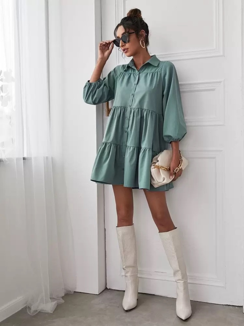 Cinq à sept Jours Green Tiered Babydoll Shirt Dress Size M